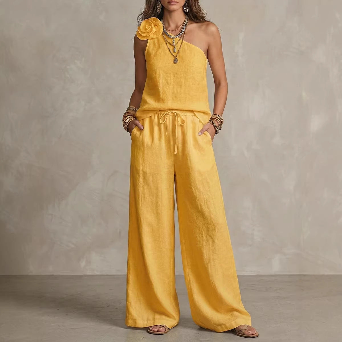 Ensemble Bicolore Élégant - Chemise Sans Manches et Pantalons