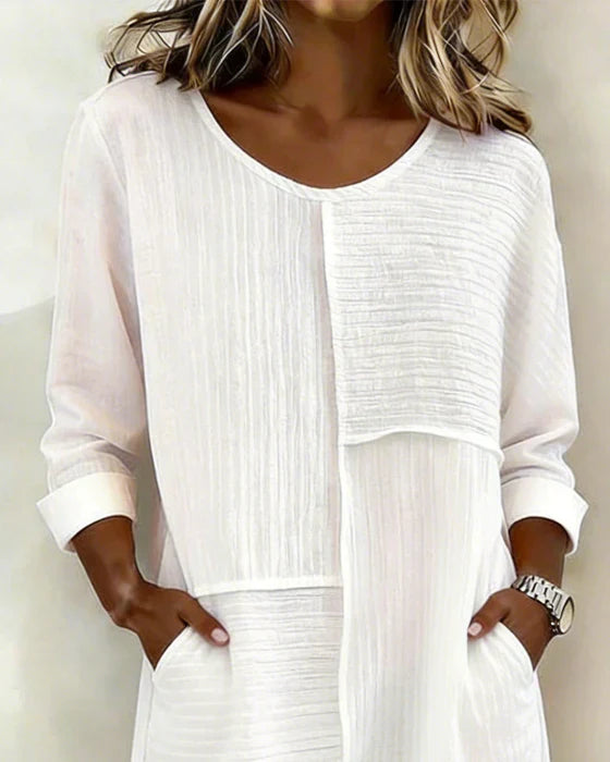 Gaelle - Robe Femme Coton Lin Texturée Coupe Fluide Manches Longues Confort
