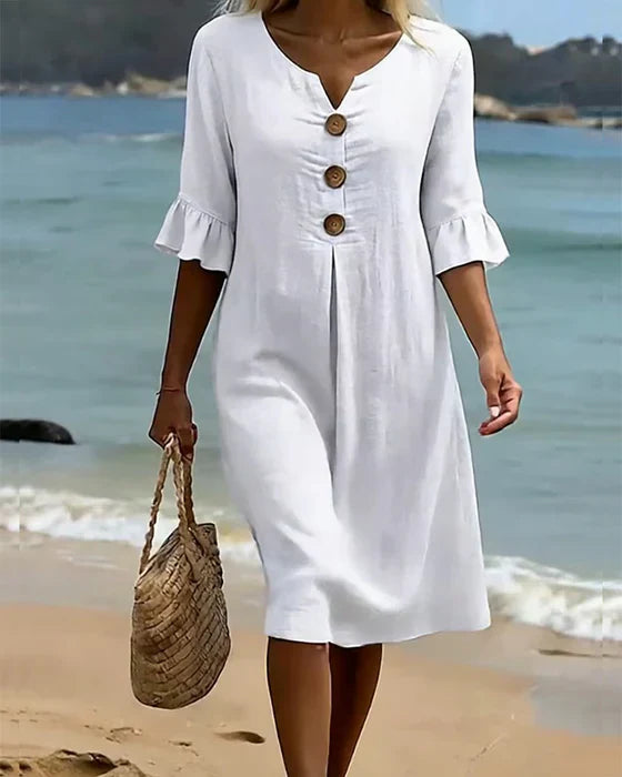 Beatrix - Robe Femme Coton Lin Coupe Fluide Boutons Manches Évasées Élégante