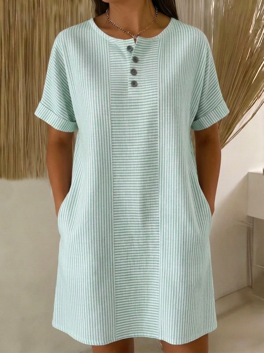 Robe Femme Coton Lin Boutonnée Coupe Ample Col Henley Élégante