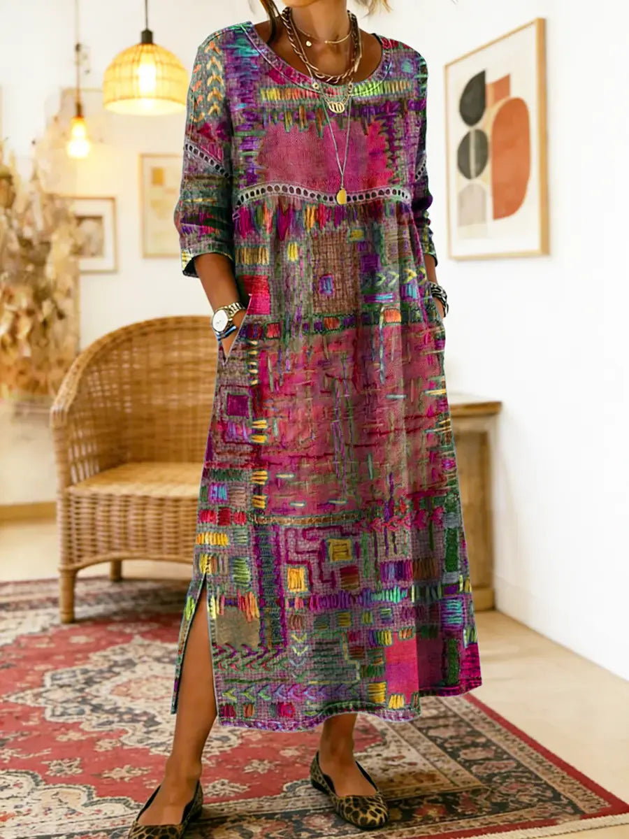 Manuela - Robe en Denim avec Patchwork Ethnique
