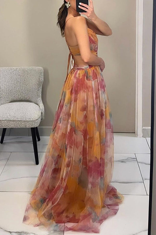 Robe femme maxi fluide imprimé floral bretelles fines col V – élégante été