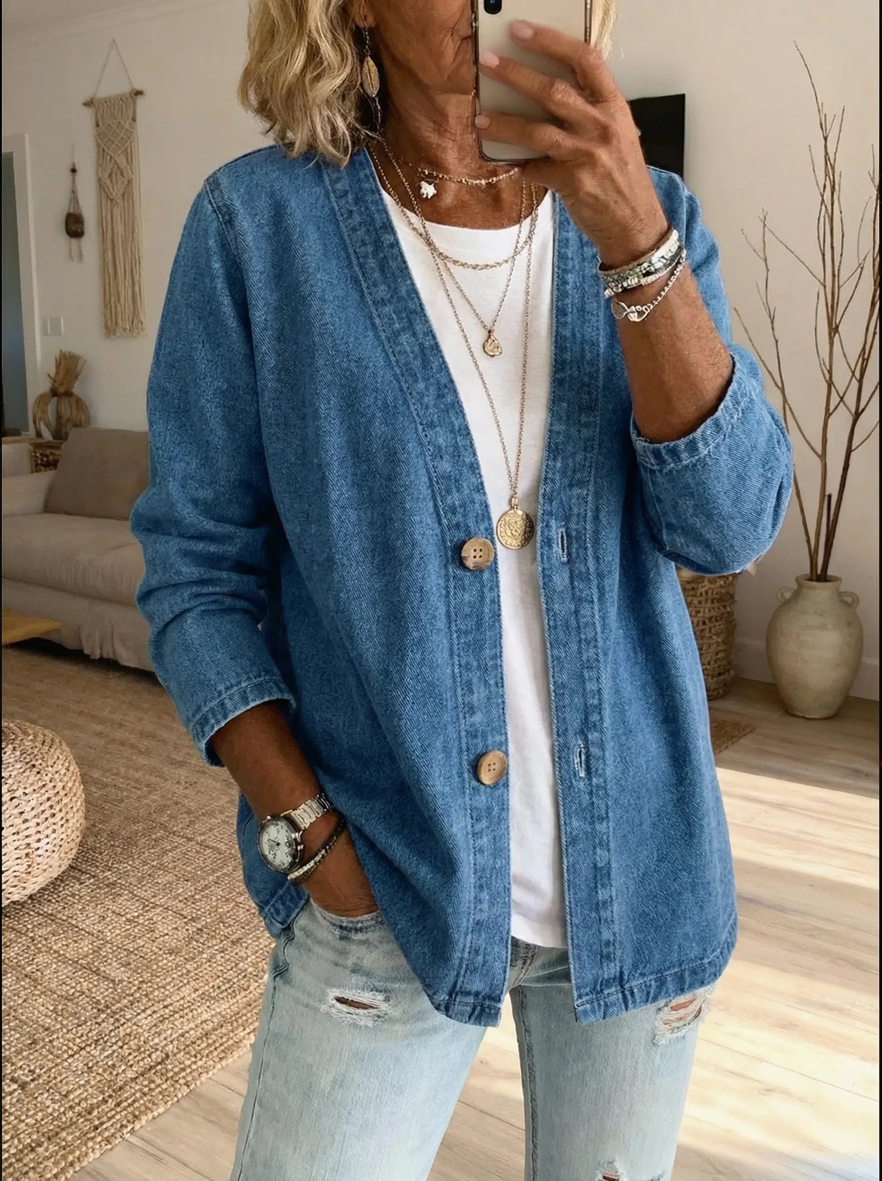 Oryxa - Veste Femme Denim Coupe Ample Boutonnée Style Décontracté