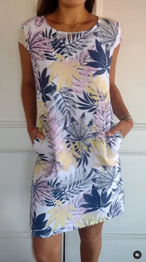 Robe d'été imprimée en coton et lin pour femmes avec poches