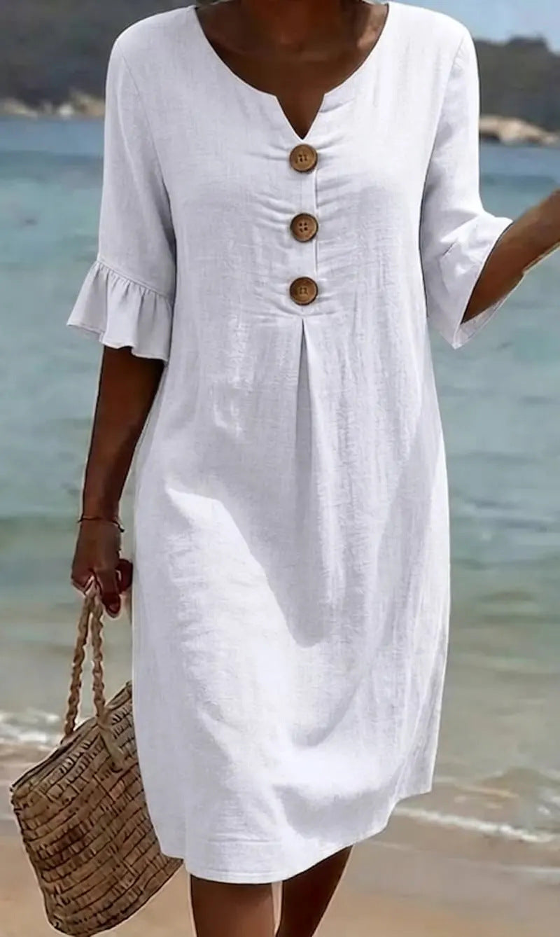 Beatrix - Robe Femme Coton Lin Coupe Fluide Boutons Manches Évasées Élégante