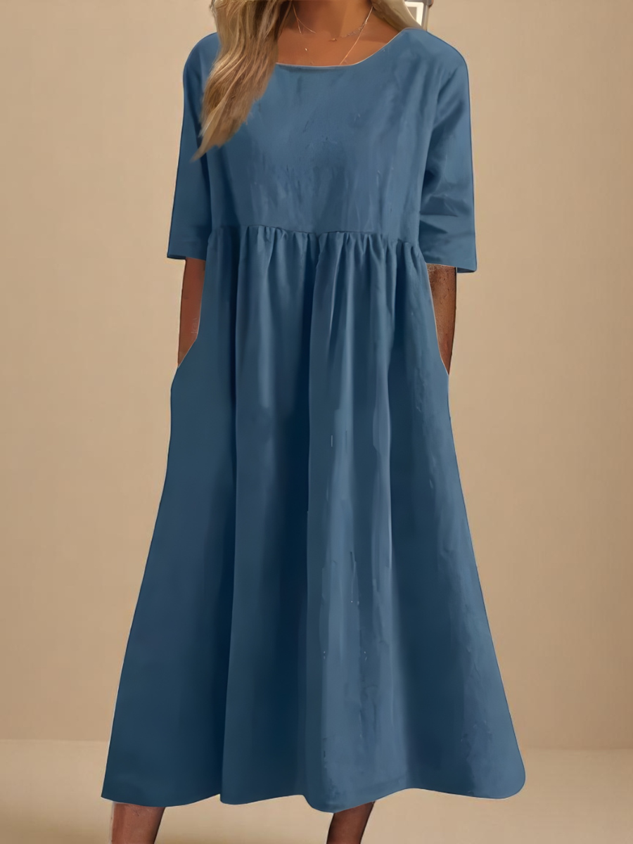 Robe Longue Femme Coton Coupe Ample Col Rond Poches Confort Été