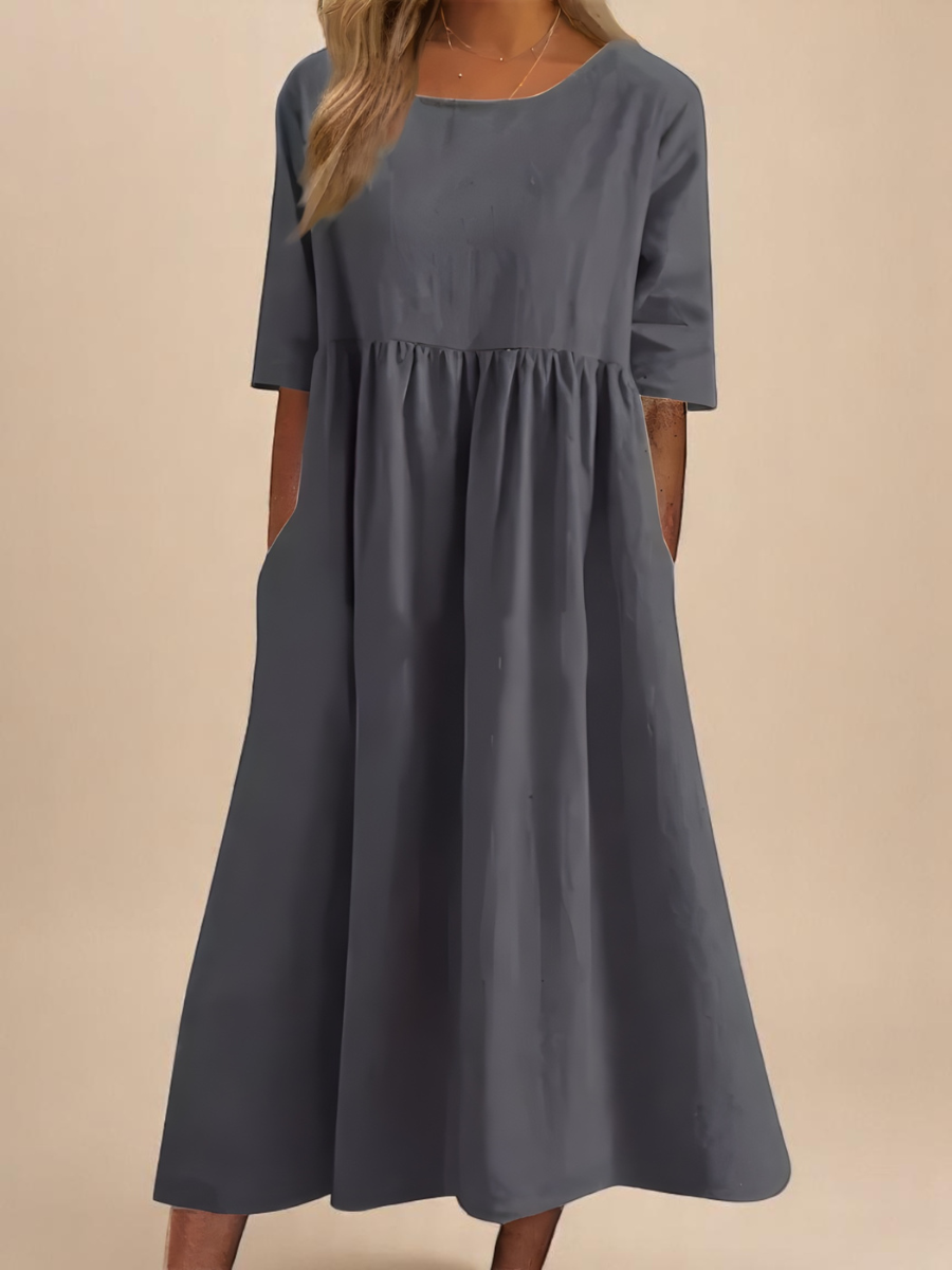 Robe Longue Femme Coton Coupe Ample Col Rond Poches Confort Été