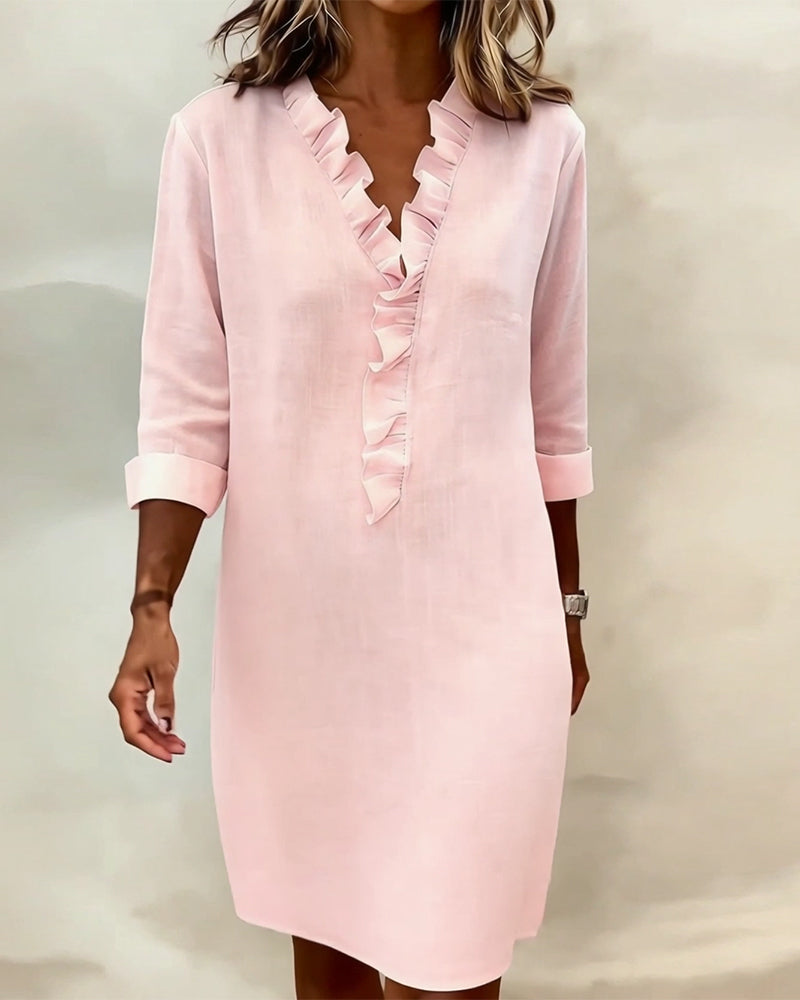 Robe Femme Col V Volants Coupe Droite Chic Décontractée