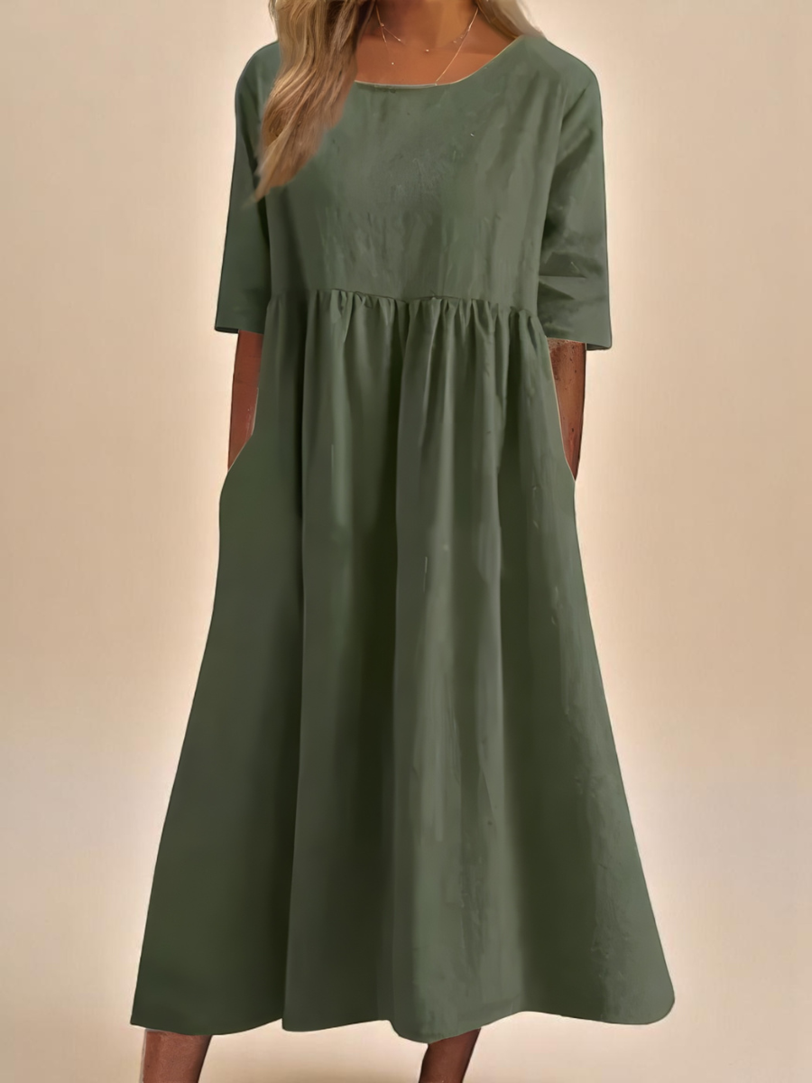 Robe Longue Femme Coton Coupe Ample Col Rond Poches Confort Été
