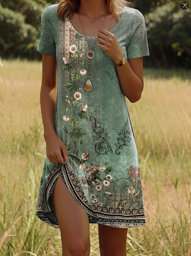 Nivara - Robe à Col Rond avec Imprimé Indien à Manches Courtes