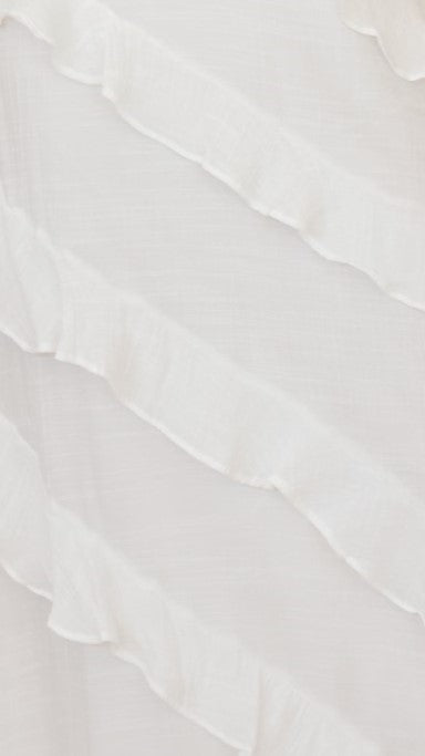 Robe longue moderne et légère avec cordon délicat au col et volants diagonaux