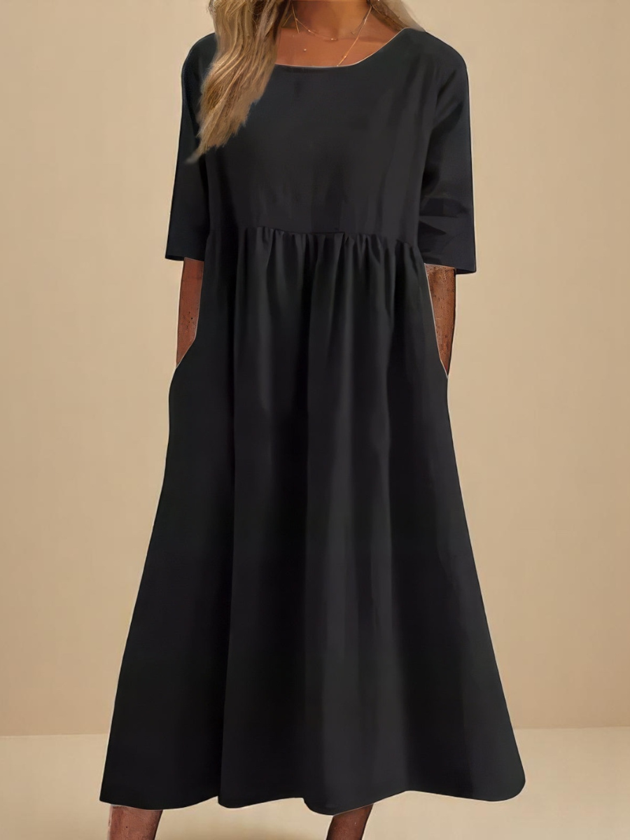 Robe Longue Femme Coton Coupe Ample Col Rond Poches Confort Été