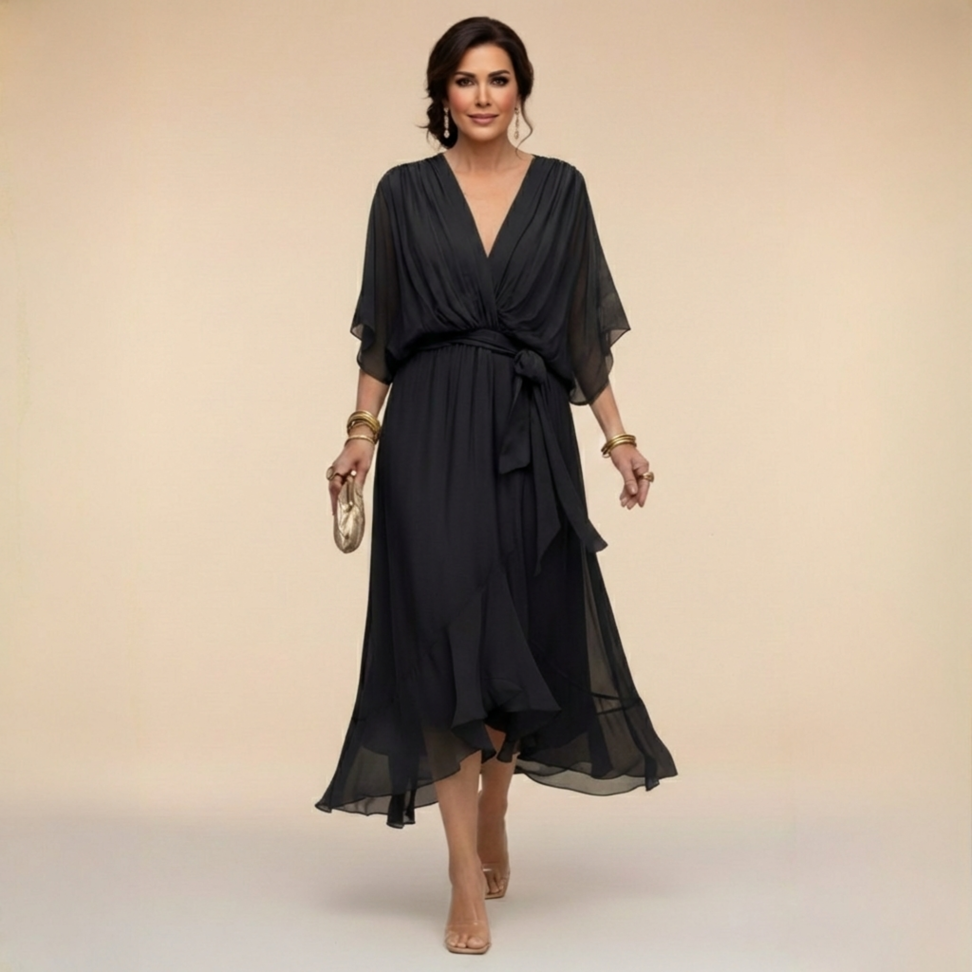 Robe Femme Chiffon Fluide Col V Coupe Élégante Ceinturée