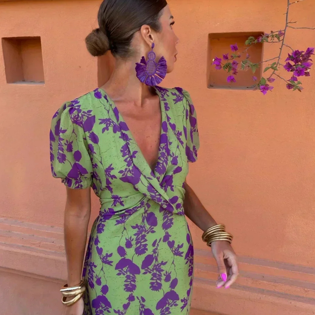 Robe femme longue fluide imprimée col V croisé manches courtes élégante été