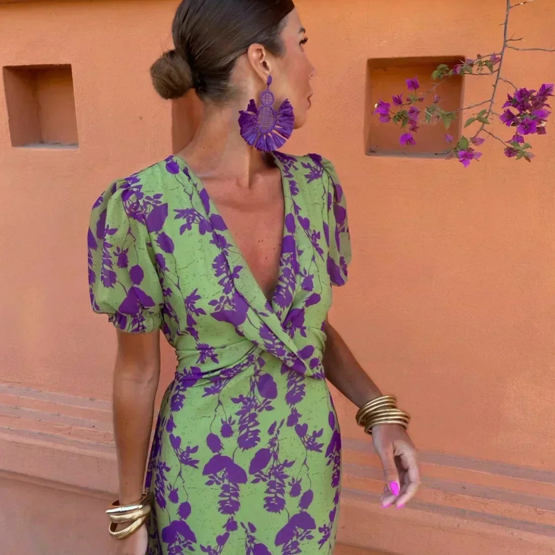 Robe femme longue fluide imprimée col V croisé manches courtes élégante été