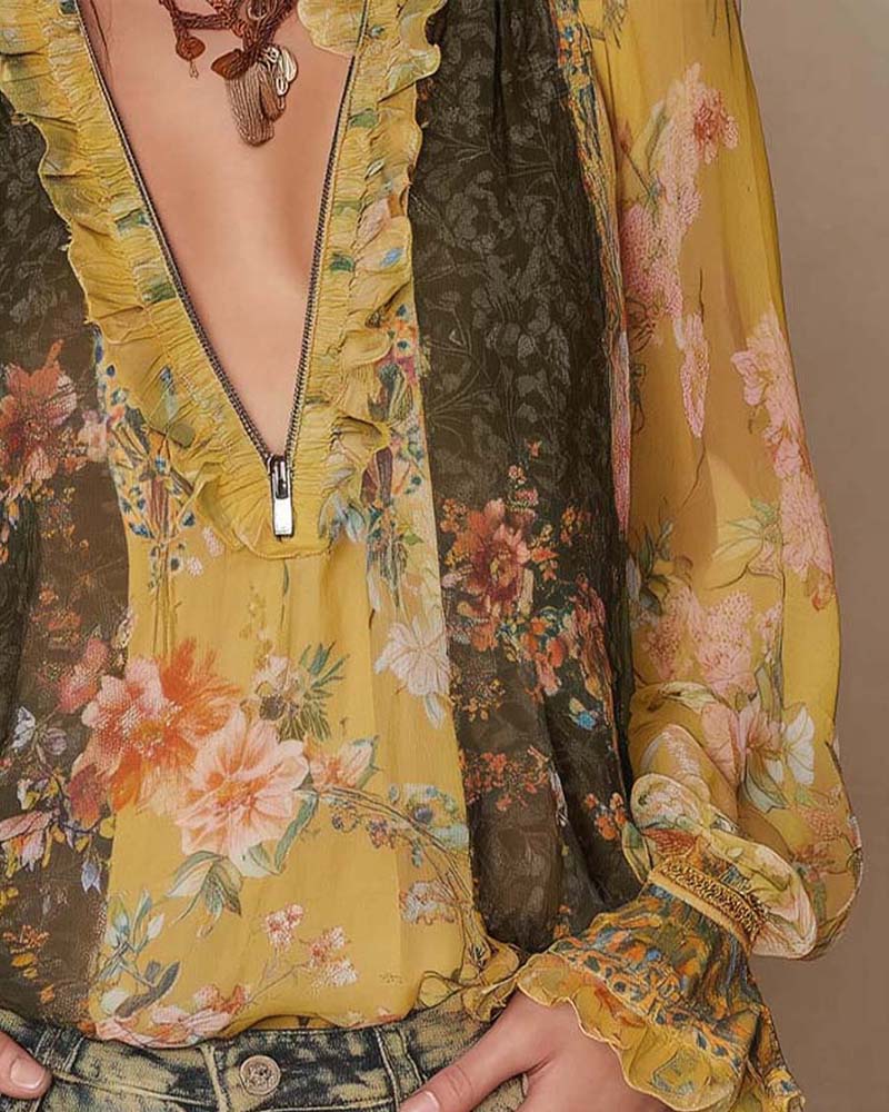 LILLIAN – BLOUSE FLEUR ROMANTIQUE AVEC FERMETURE ÉCLAIR