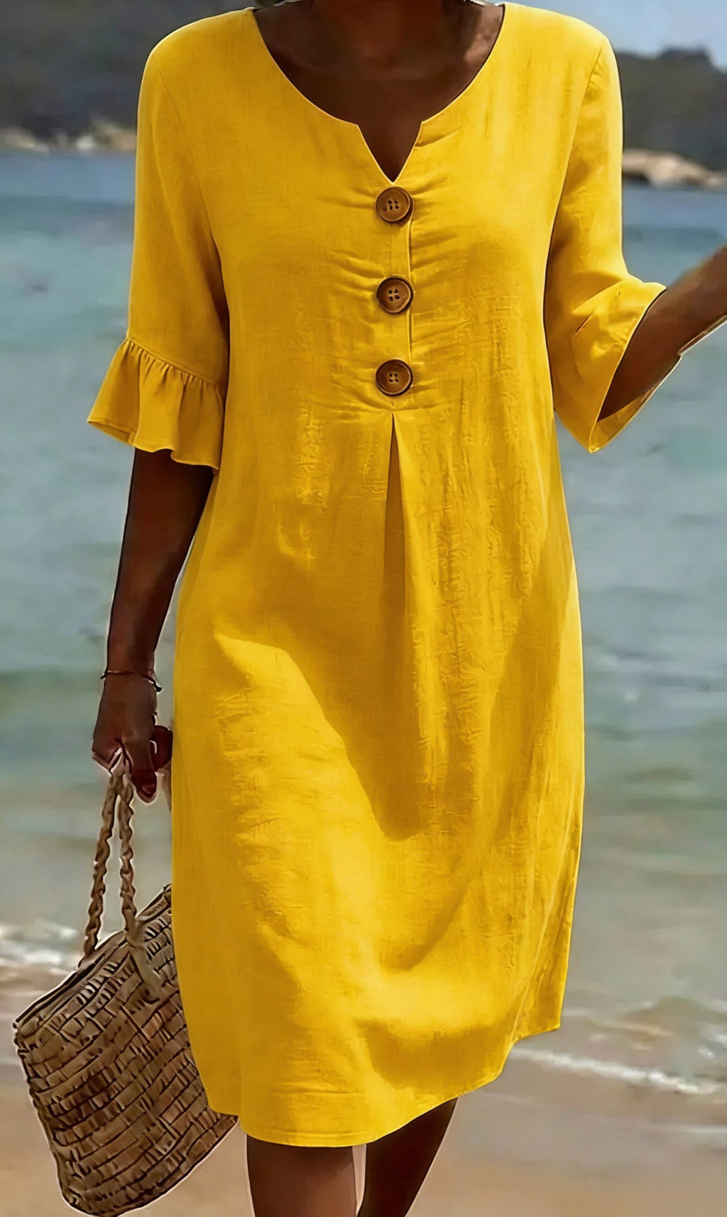 Robe Femme Coton Lin Boutonnée Manches Volantées Style Estival