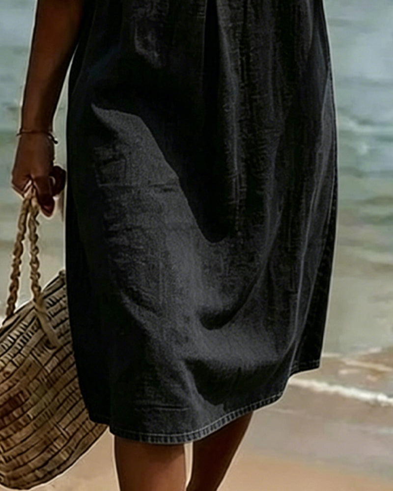 Fynorae - Robe femme en jean manches volants coupe fluide été plage