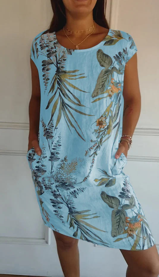 Robe d'été imprimée en coton et lin pour femmes avec poches