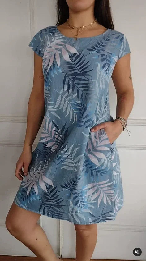 Robe d'été imprimée en coton et lin pour femmes avec poches