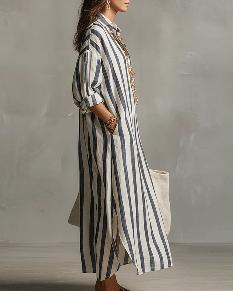 Robe femme maxi rayée fluide col revers manches longues chic décontractée