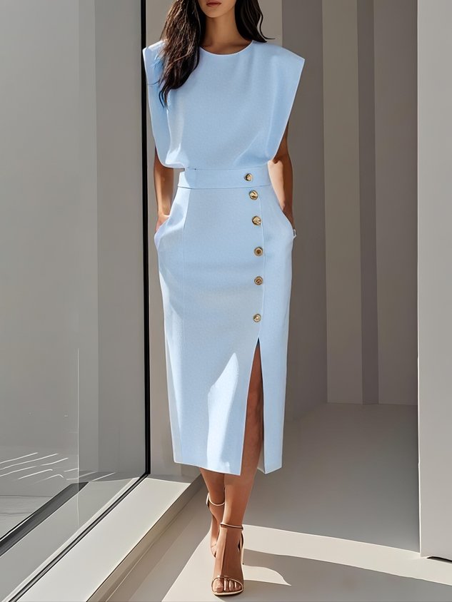 Floralia - Robe midi unie avec fente à boutons et décolleté rond