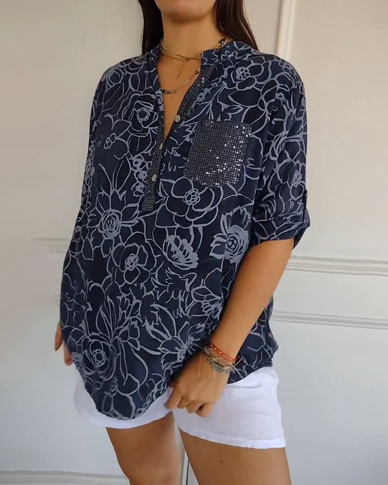 Blouse Imprimée Boutonnée à Col V