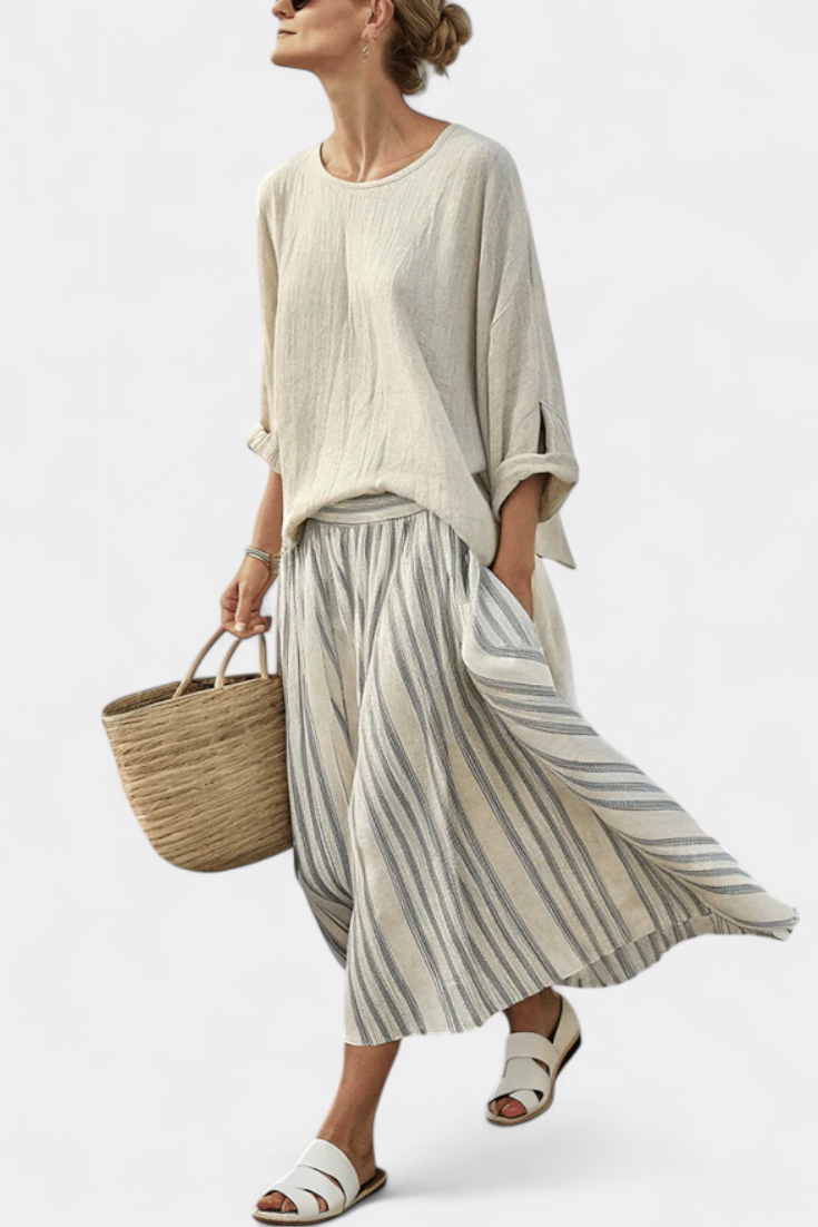 Aurcyn -| Blouse Ample et Confortable & Jupe Midi Rayée