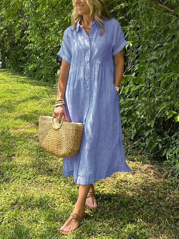 Robe femme maxi fluide boutonnée col rond manches courtes élégante été
