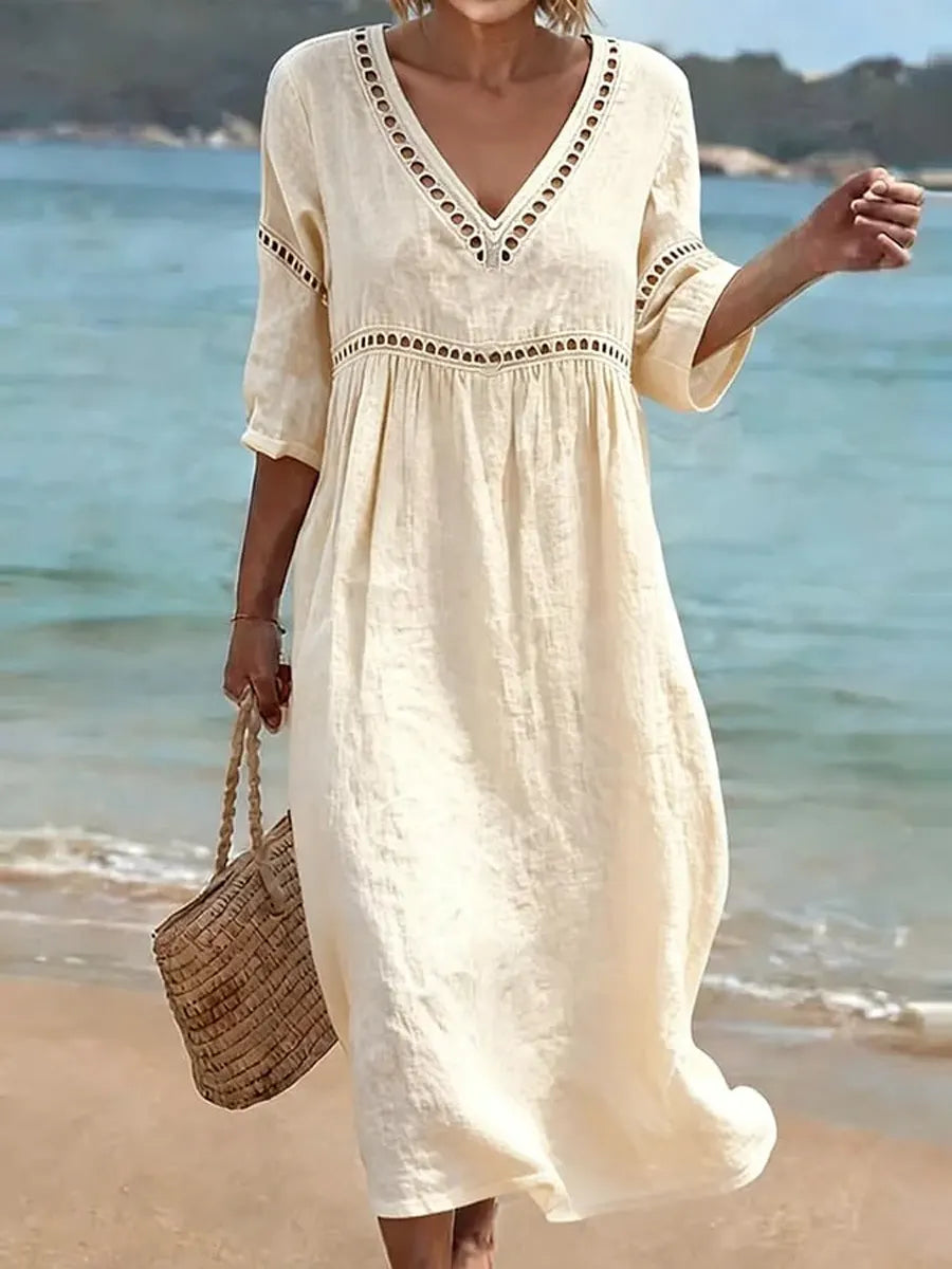 Rynoxa - Robe femme midi fluide col V manches larges style naturel élégant