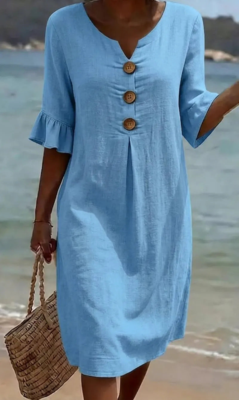 Beatrix - Robe Femme Coton Lin Coupe Fluide Boutons Manches Évasées Élégante