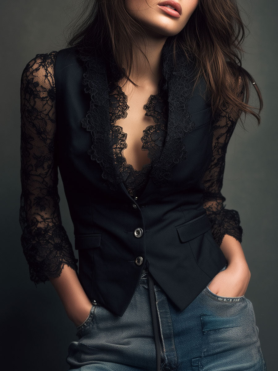 Bruxelle - Blouse Femme Élégante en Dentelle à Manches Transparentes