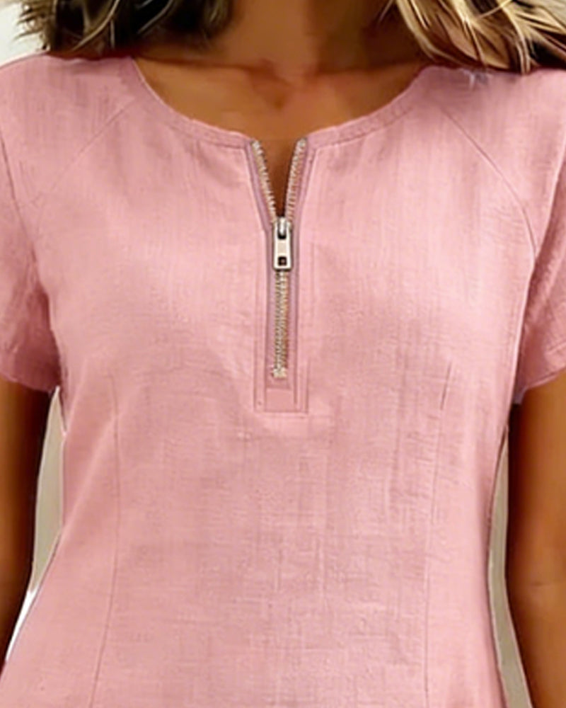 Kovira - Robe Courte Coton Lin avec Fermeture Éclair et Poches