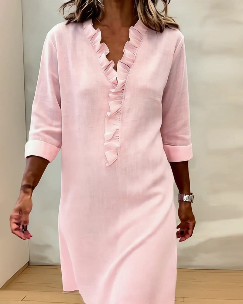 Robe Femme Col V Volants Coupe Droite Chic Décontractée