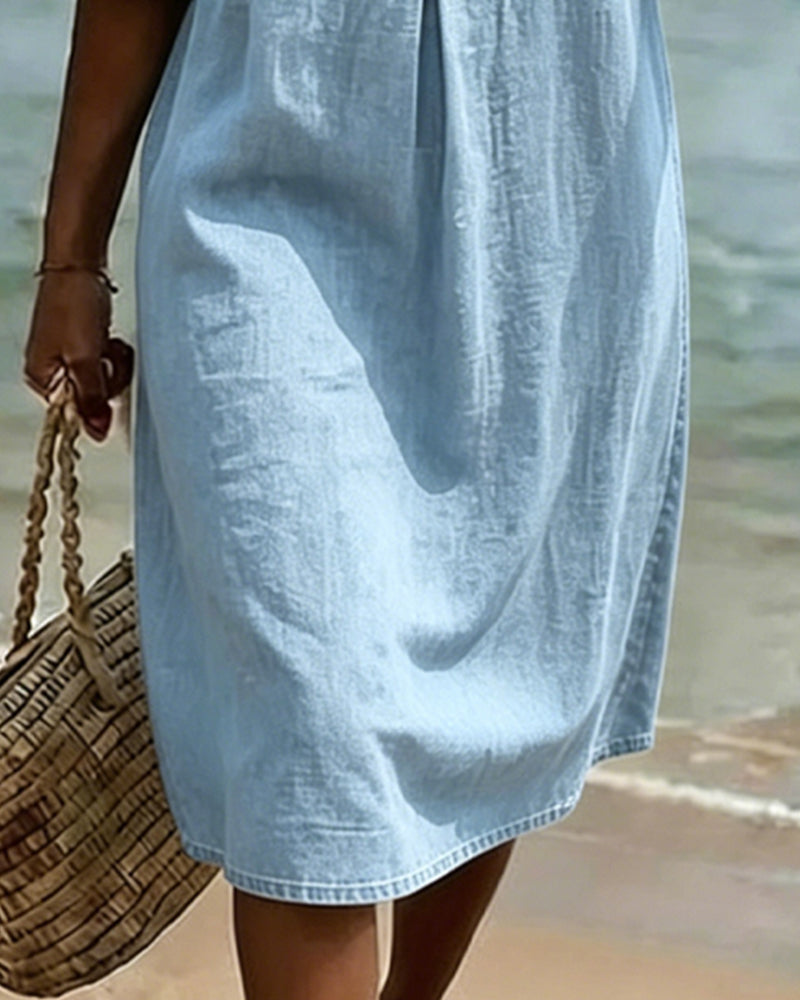 Fynorae - Robe femme en jean manches volants coupe fluide été plage