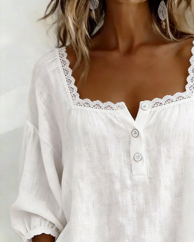 Blouse en Dentelle à Col Carré avec Manches Bouffantes