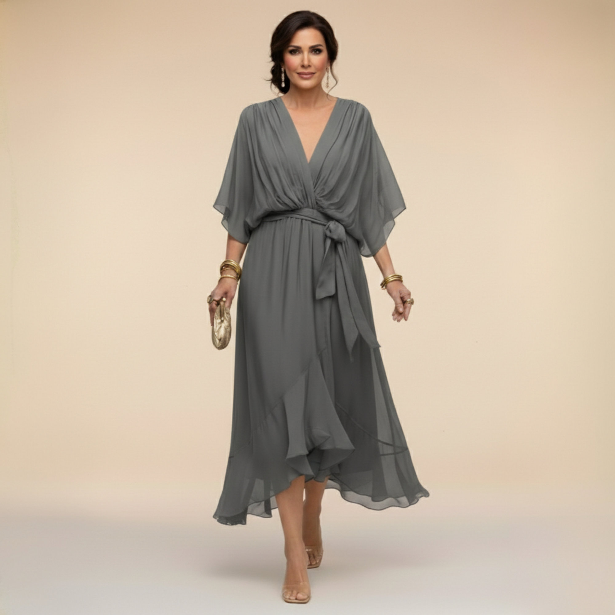 Robe Femme Chiffon Fluide Col V Coupe Élégante Ceinturée