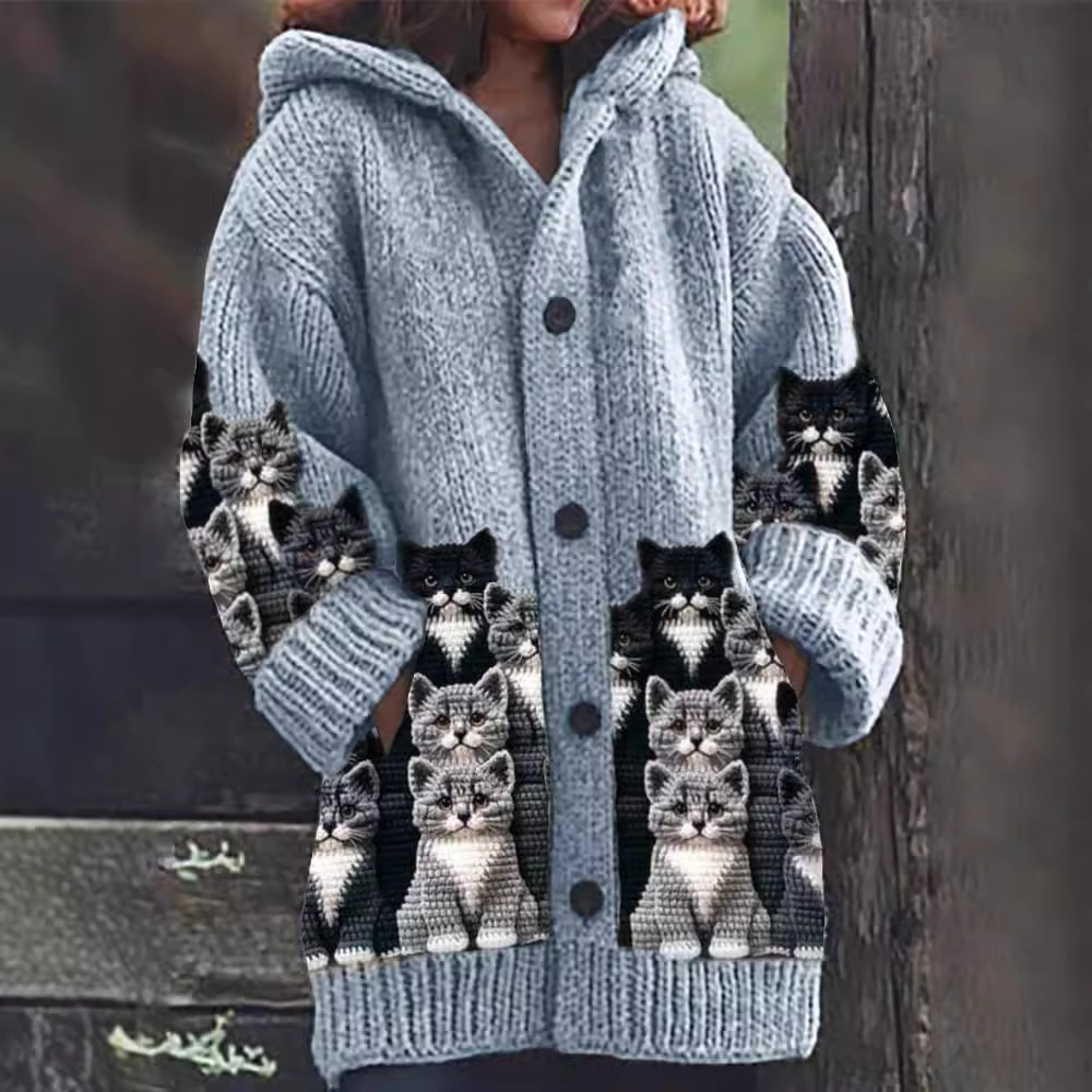 Jasmin - Gilet en Tricot Chaleureux avec Imprimé de Chat