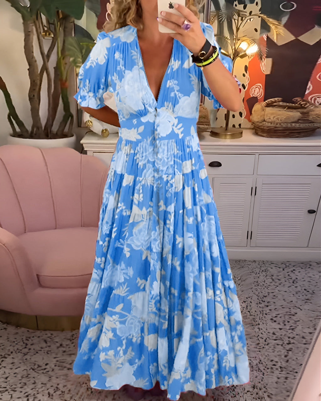 Carine | Robe Fleurie avec Décolleté en V et Poches