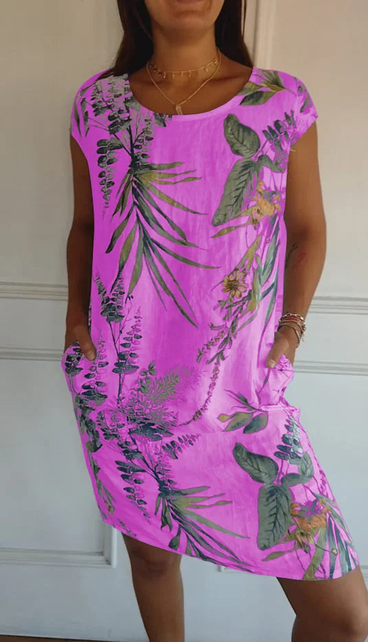 Robe d'été imprimée en coton et lin pour femmes avec poches