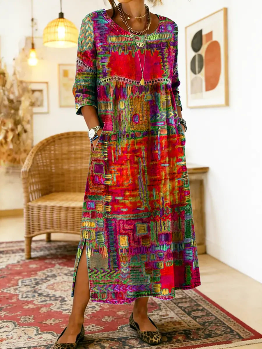 Robe Femme Denim Fluide Patchwork Ethnique pour Style Bohème et Élégant Quotidien