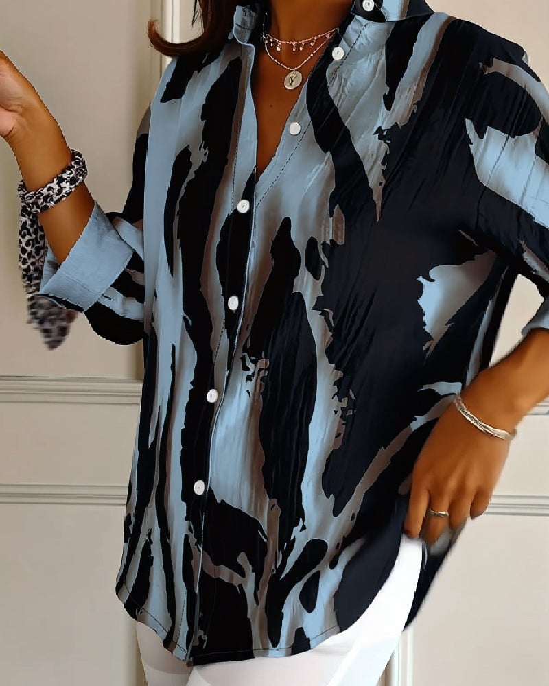 Blouse Imprimée Irregulière à Col Montant