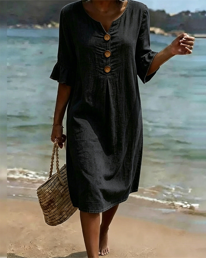 Fynorae - Robe femme en jean manches volants coupe fluide été plage
