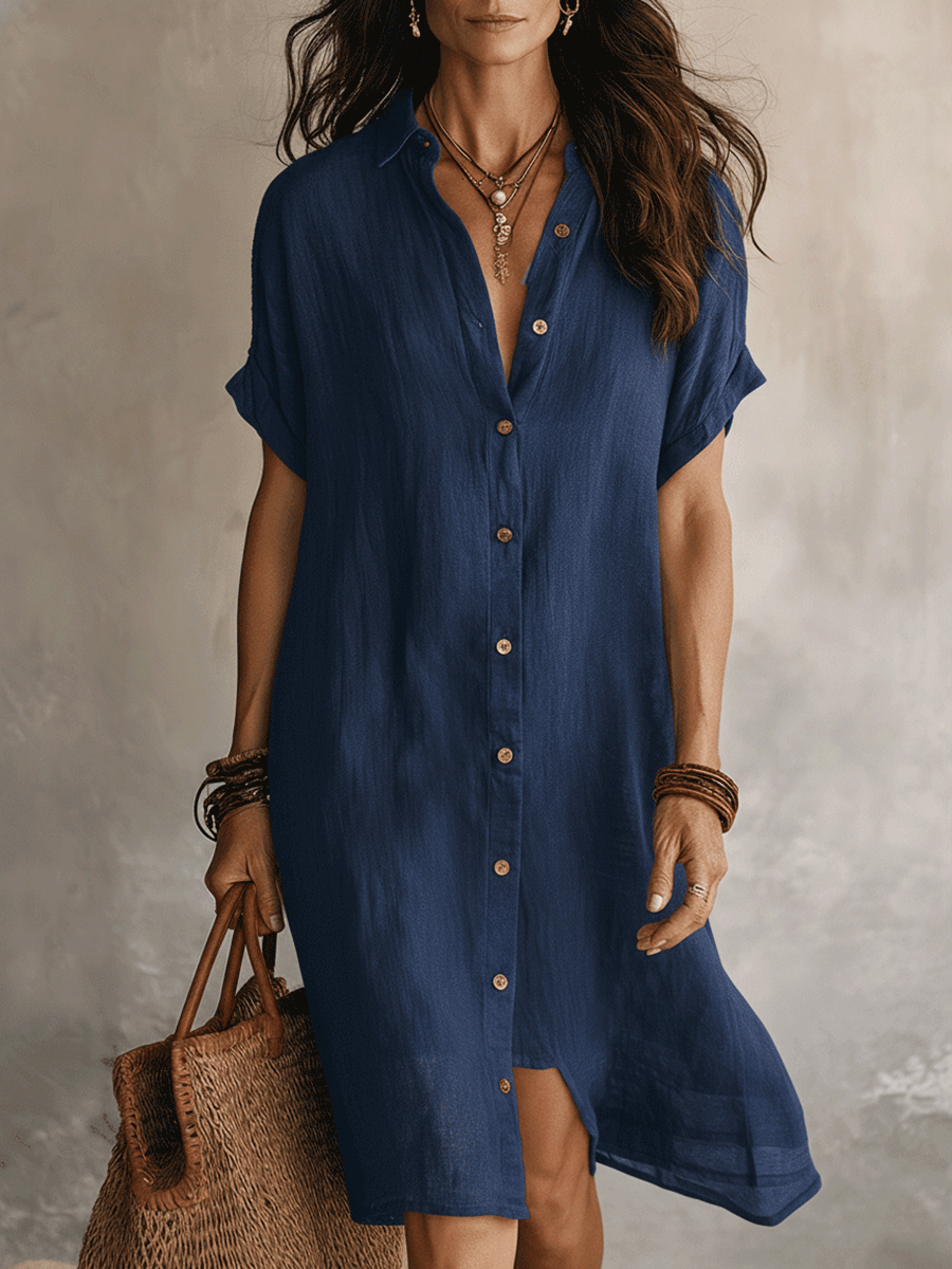 Robe Chemise Midi Femme Lin Coton Boutonnée Élégante