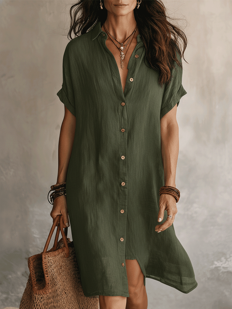 Robe Chemise Midi Femme Lin Coton Boutonnée Élégante