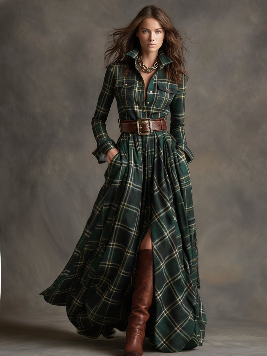 Giulia - Robe longue à carreaux brun rougeâtre avec col et style ethnique rétro