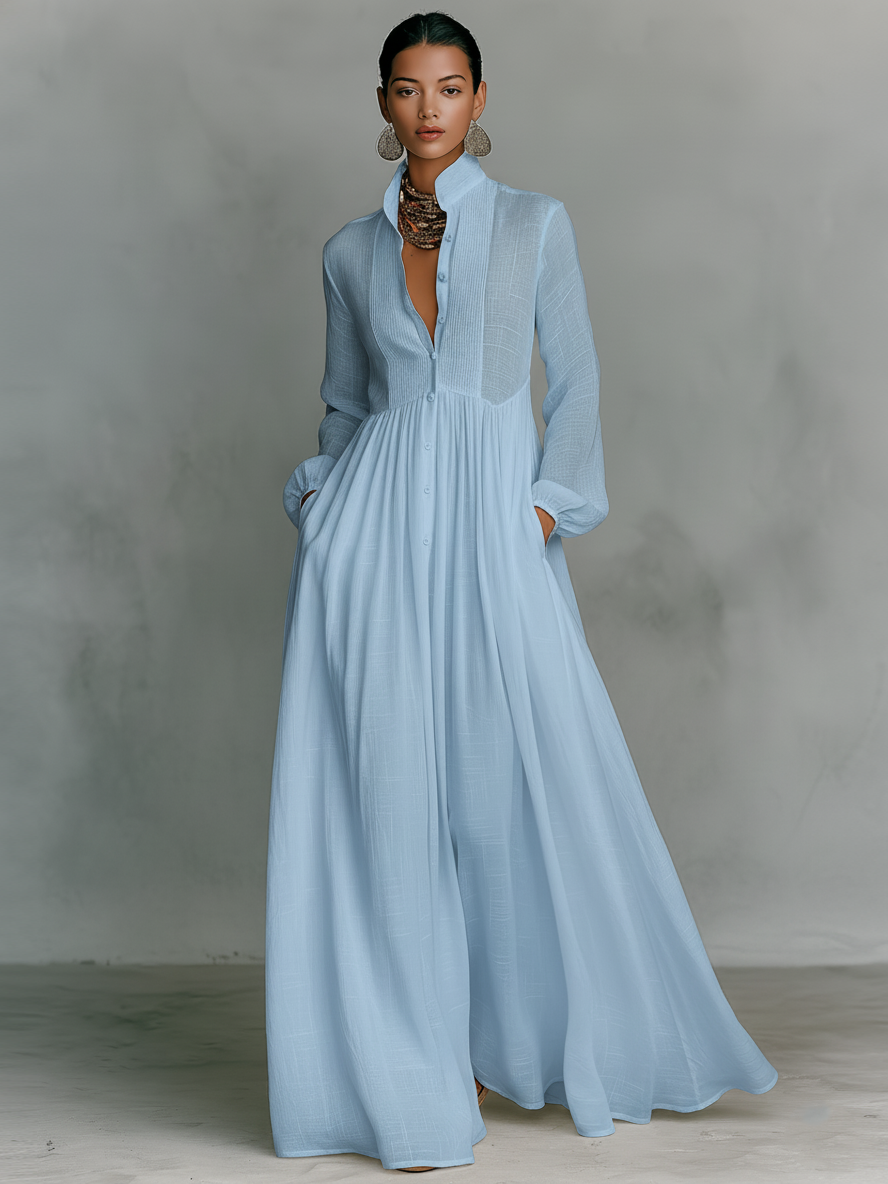 Robe Maxi Minimaliste en Coton et Lin avec Panneaux en Patchwork, Col Montant et Manches Longues