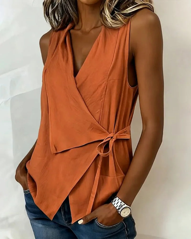 Sylethra - Top femme cache-cœur asymétrique sans manches été léger