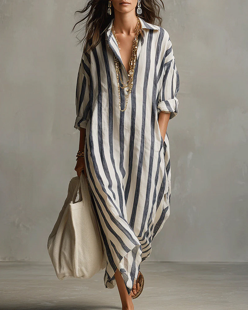 Robe femme maxi rayée fluide col revers manches longues chic décontractée