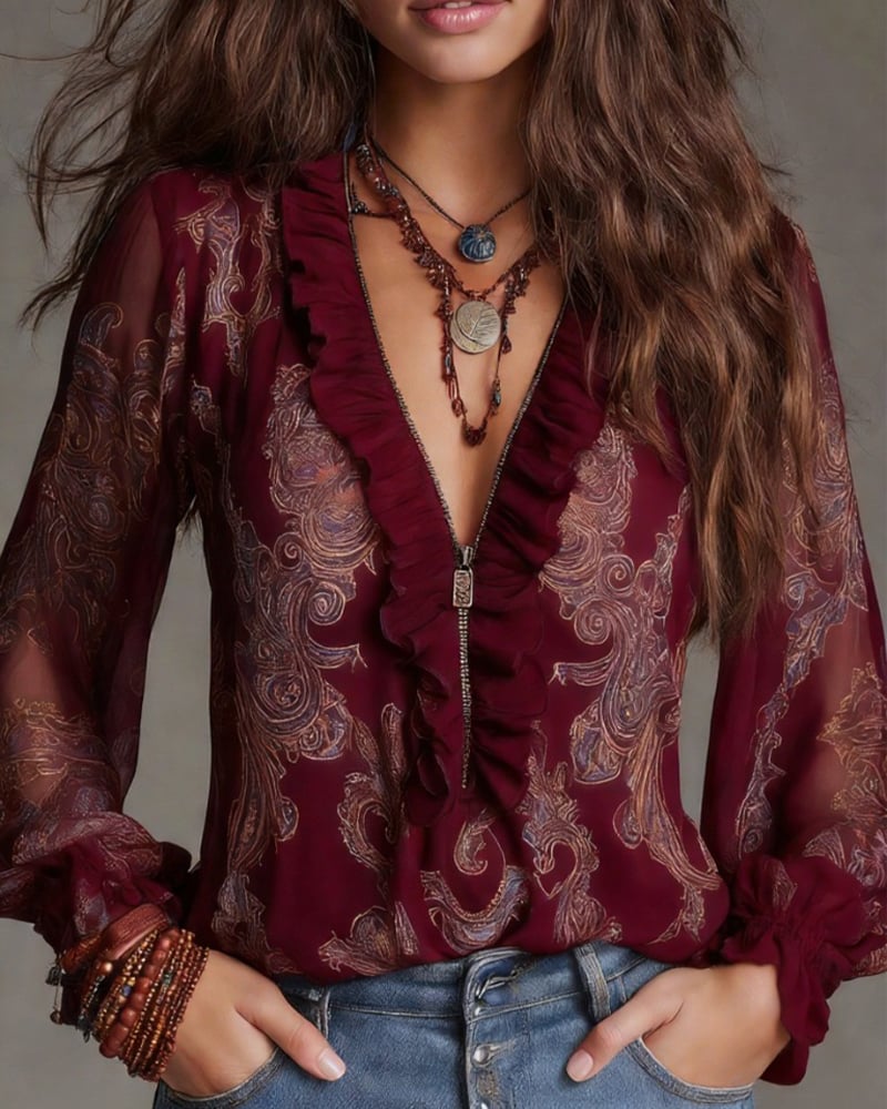 Blouse Rétro à Volants à Mi-Zip